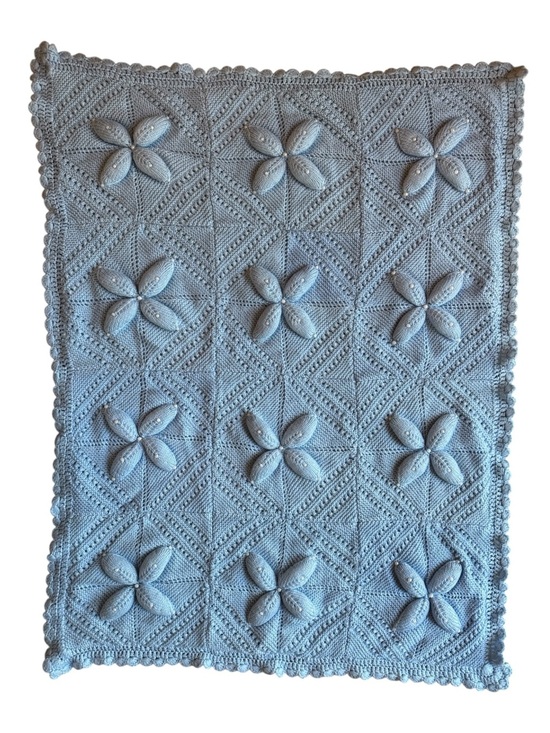 Other - Vintage Hand Knit Baby Blue Baby Blanket 3D Flower Popcorn Knit Nursery